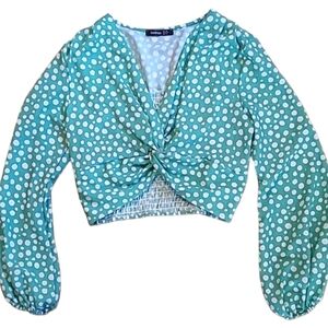 SZ12 3/$15 Boohoo Balloon long sleeve V Neck blouse Polka dots